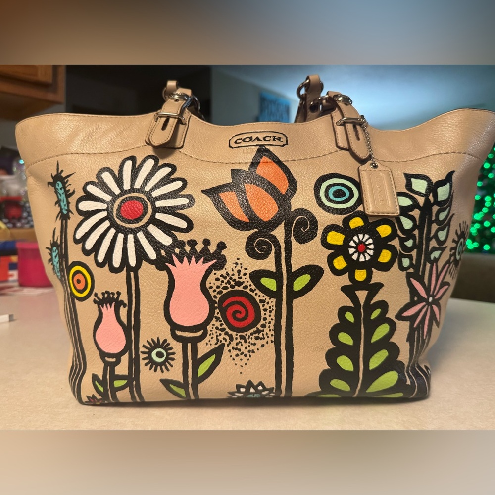 Coach Tote with hand painted floral design